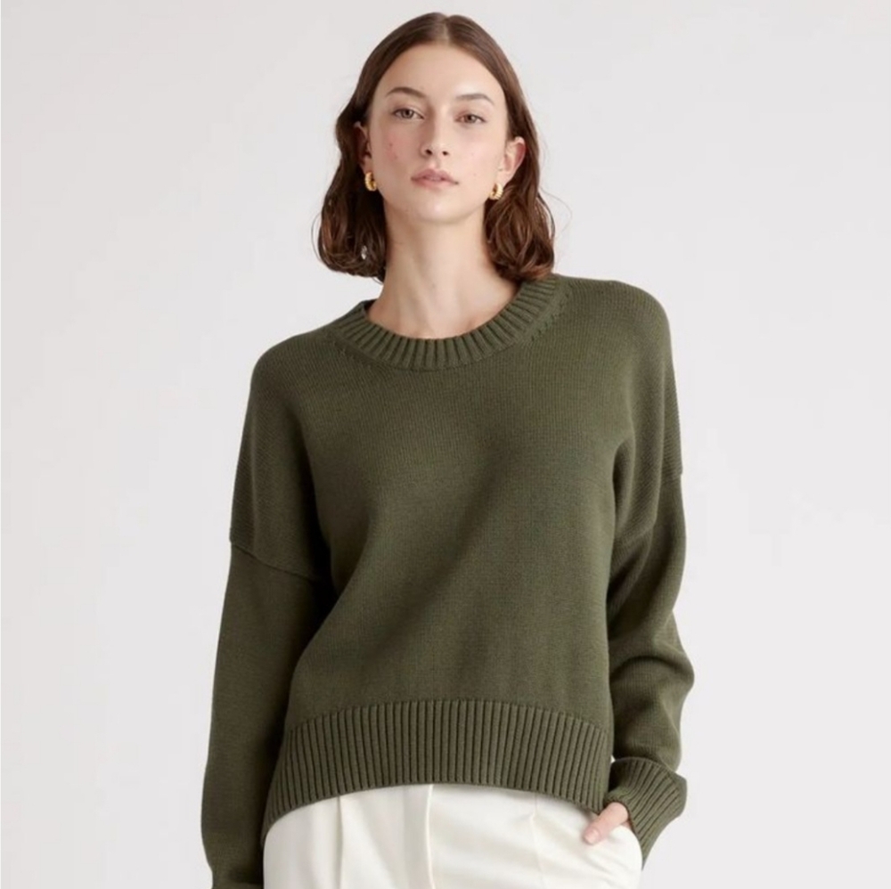 Quince Organic Cotton Boyfriend Crew Sweater In Olive Small Worn 3x